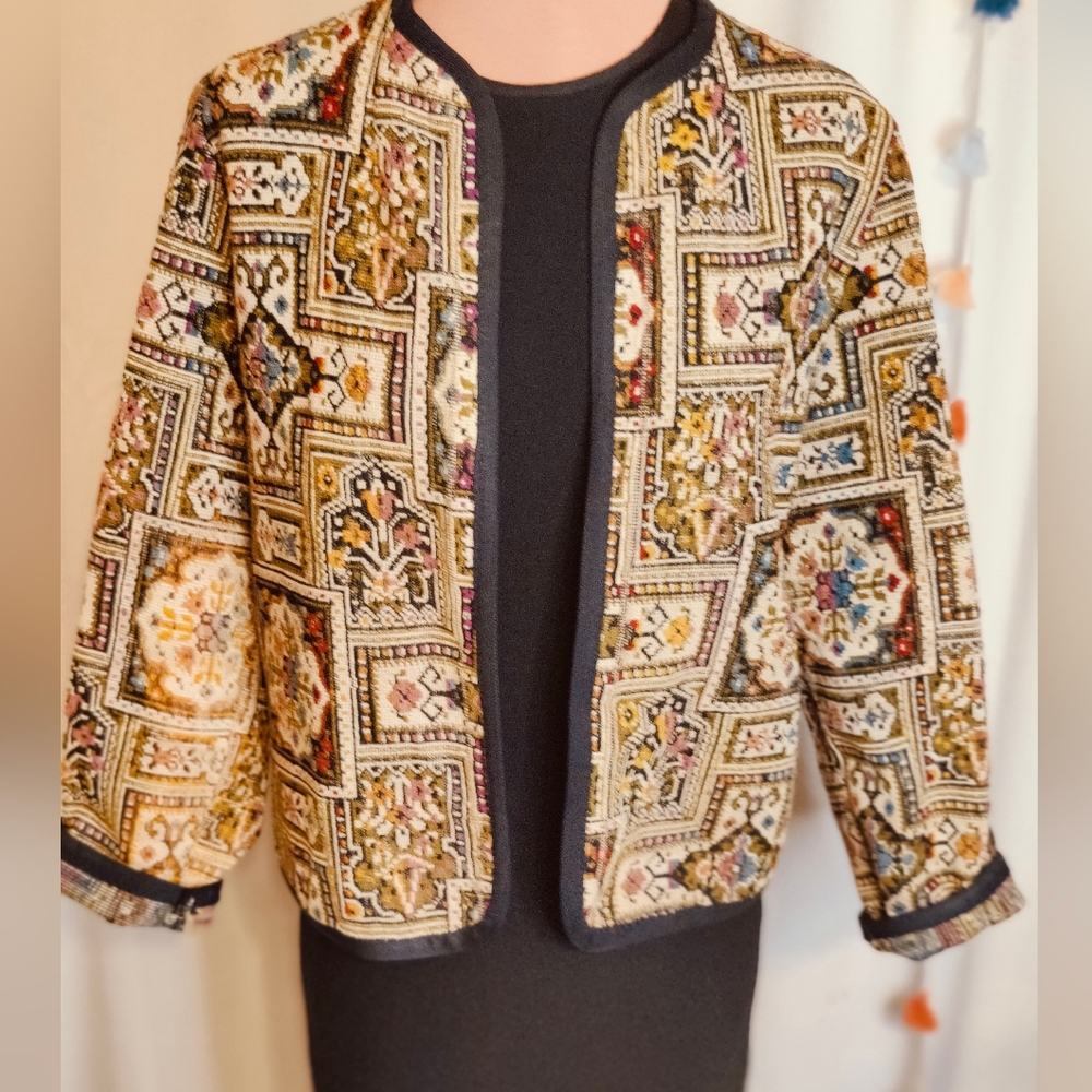 Folklore handmade Artisan needlepoint cropped Bolero jacket bold print colors M